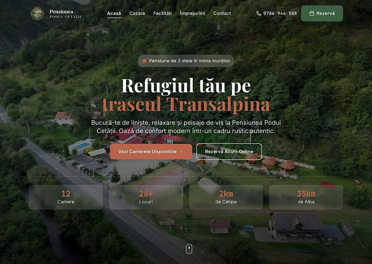 Pensiunea Podul Cetatii, a live hospitality website with a warmer booking path - OctaWeb work preview